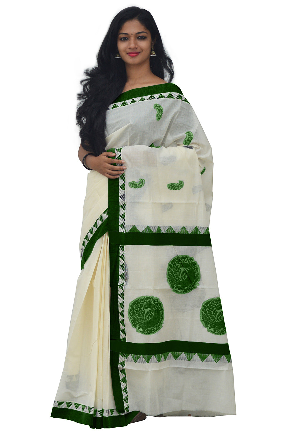 Kerala Saree with Dark Green Peacock Art Embroidery Design ...