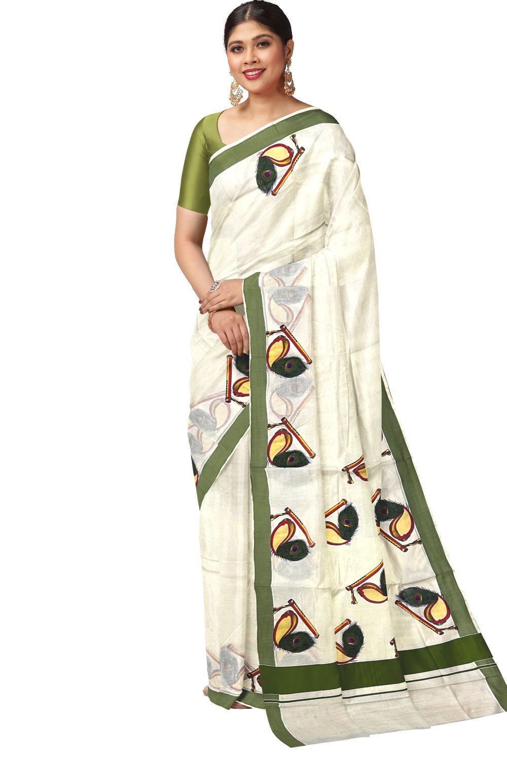 Kerala Pure Cotton Green Border Saree with Feather and Shell Mural ...