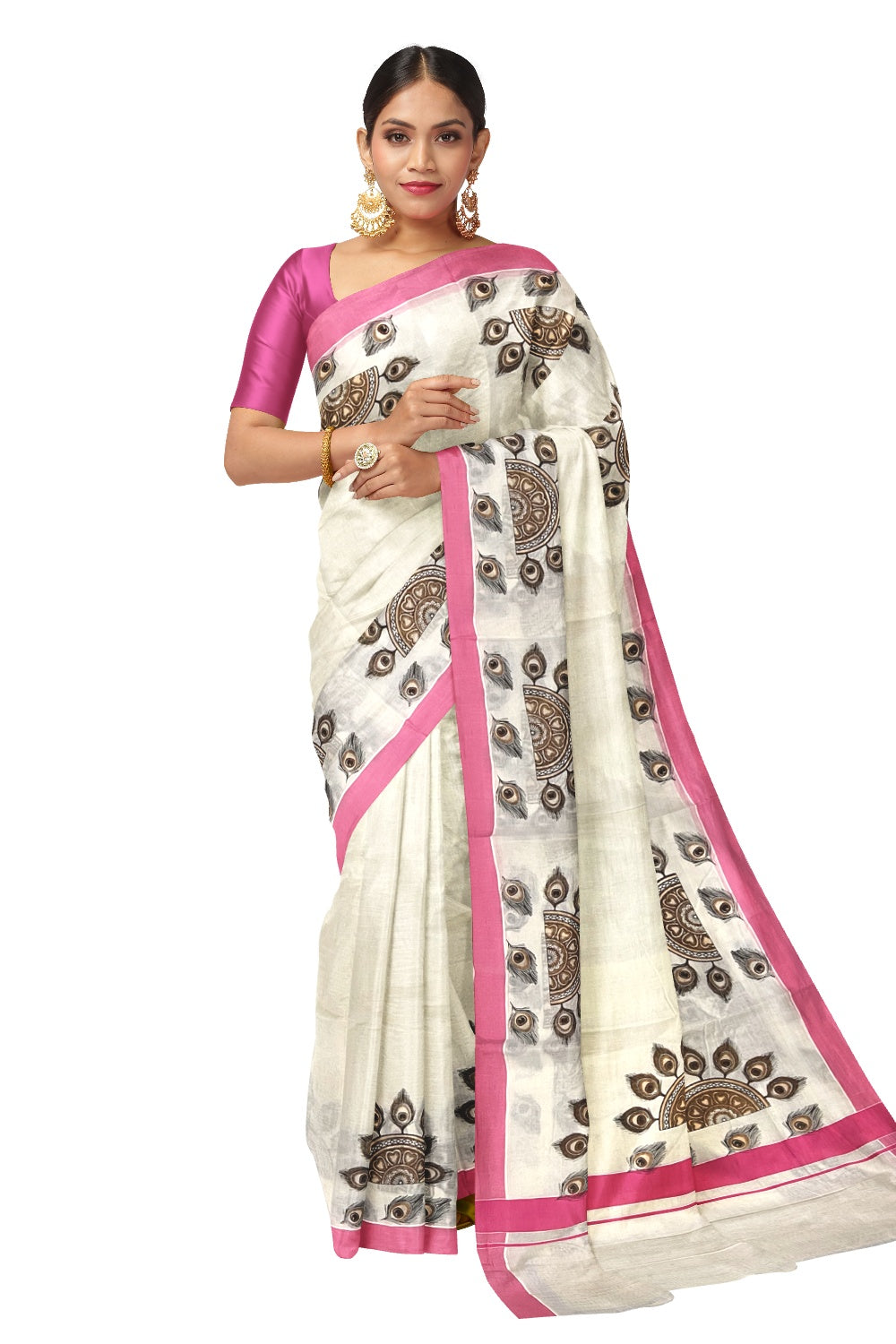 Kerala Pure Cotton Saree with Mural Printed Semi Circle Feather Design and Pink Border