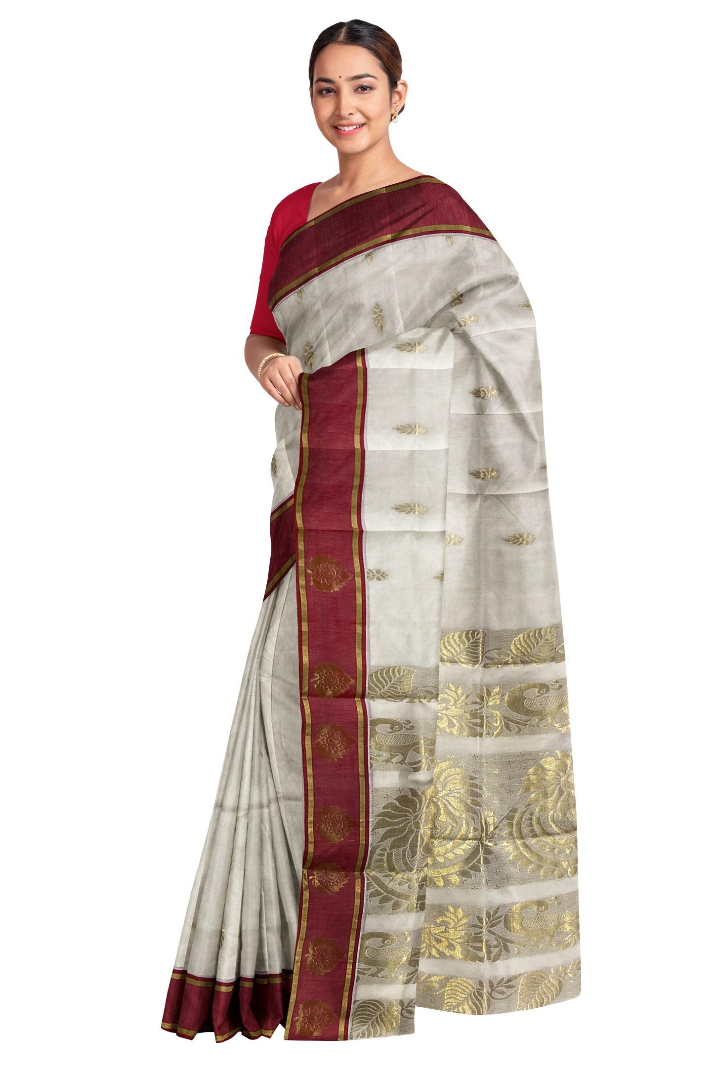 Kerala Kasavu Heavy Woven Work Saree with Red Border