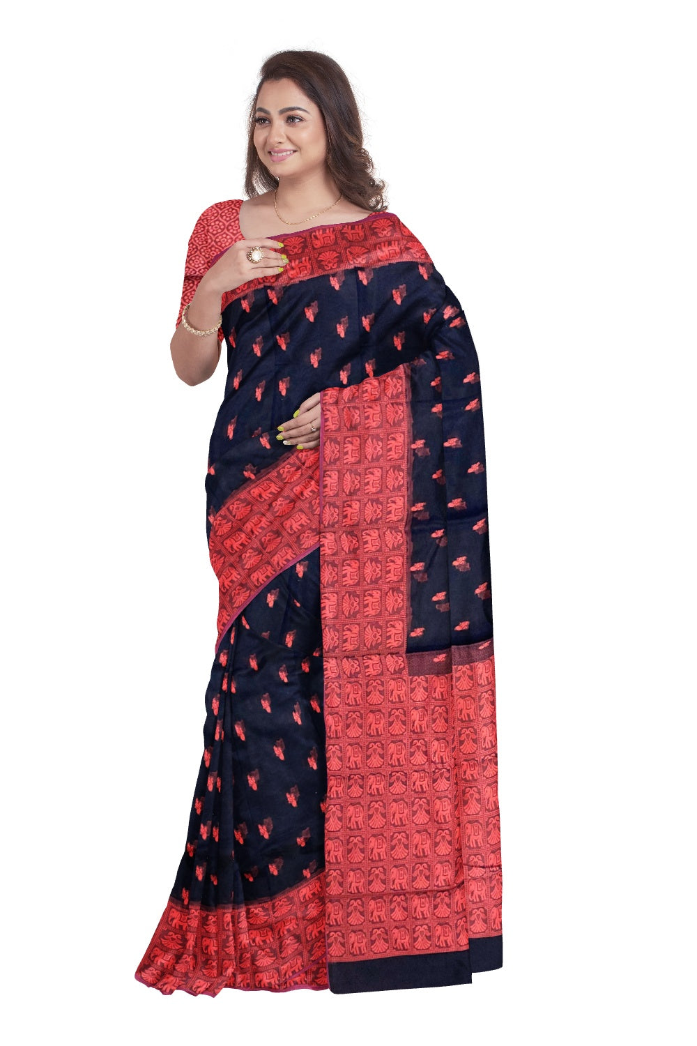 Southloom Sico Gadwal Semi Silk Saree in Navy Blue and Pink with Elephant Motifs (Blouse Piece with Work)