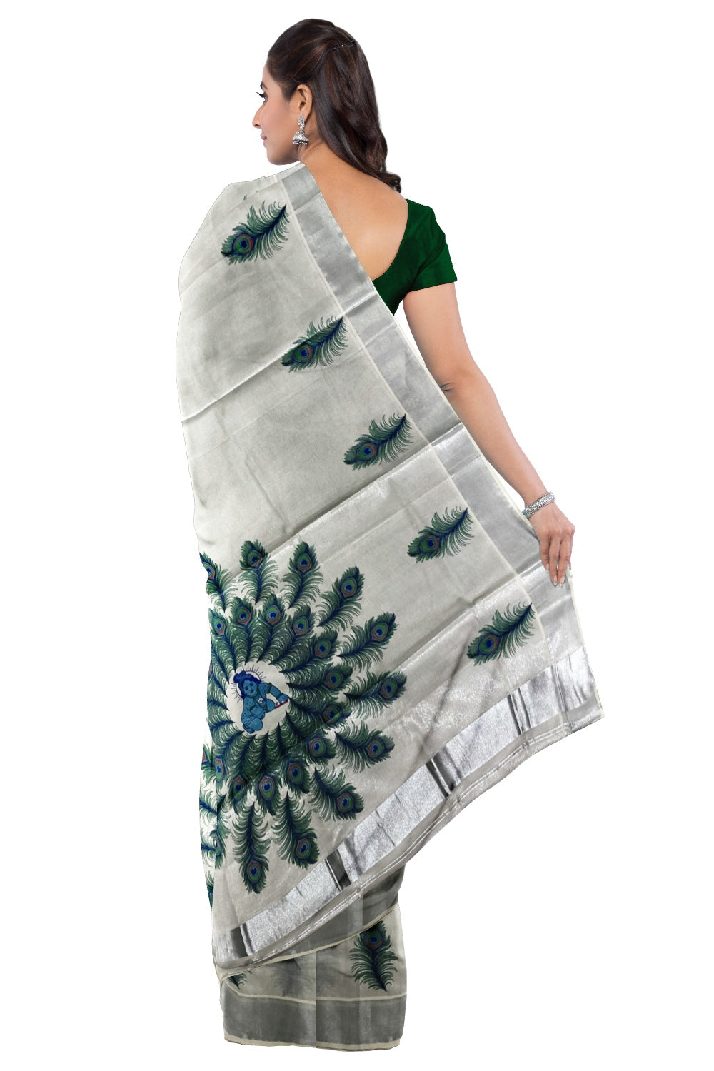 Kerala Silver Tissue Kasavu Onam Saree with Mural Printed Krishna and Peacock Feather Design