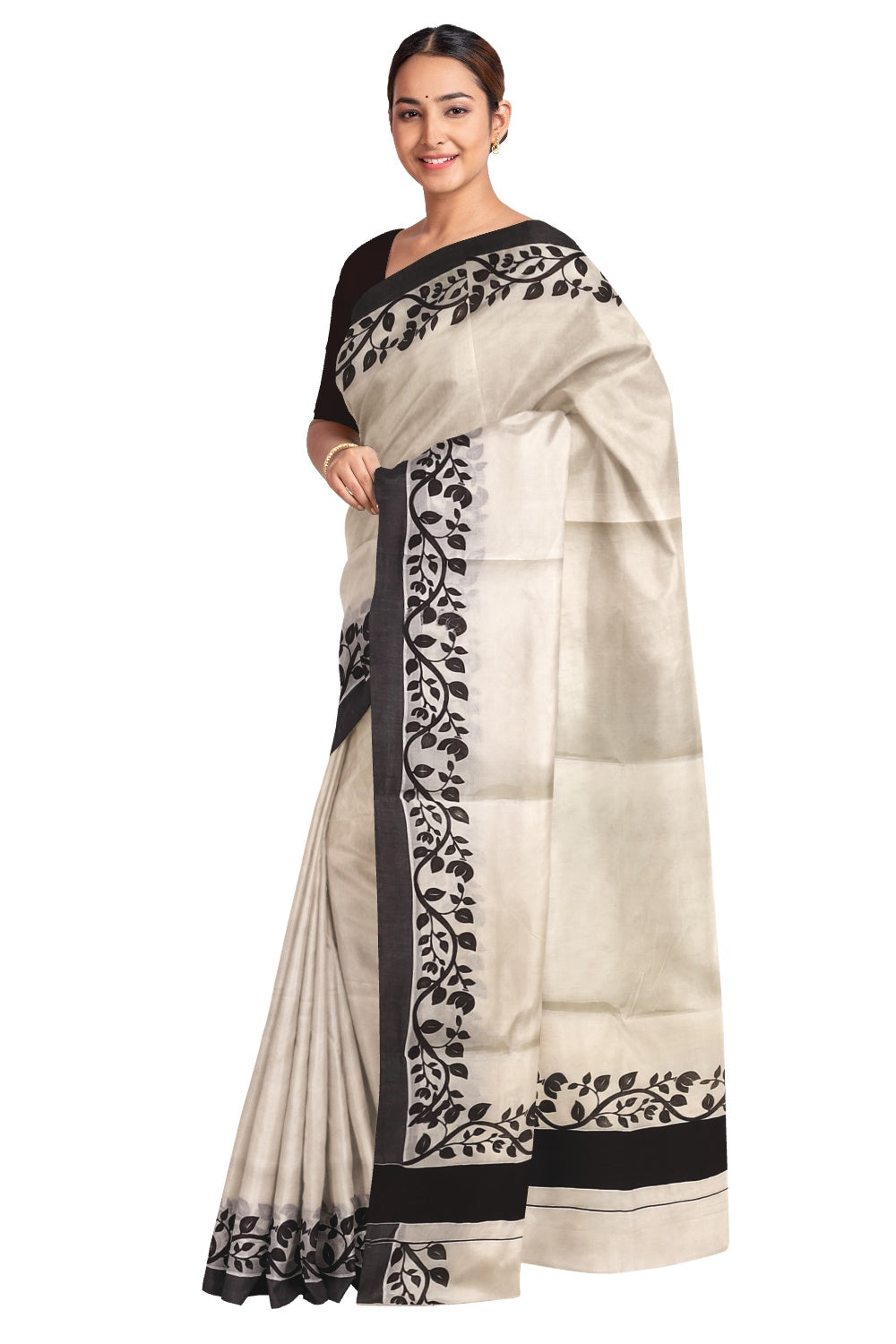 Southloom Original Design Onam Kerala Saree with Black Floral ...