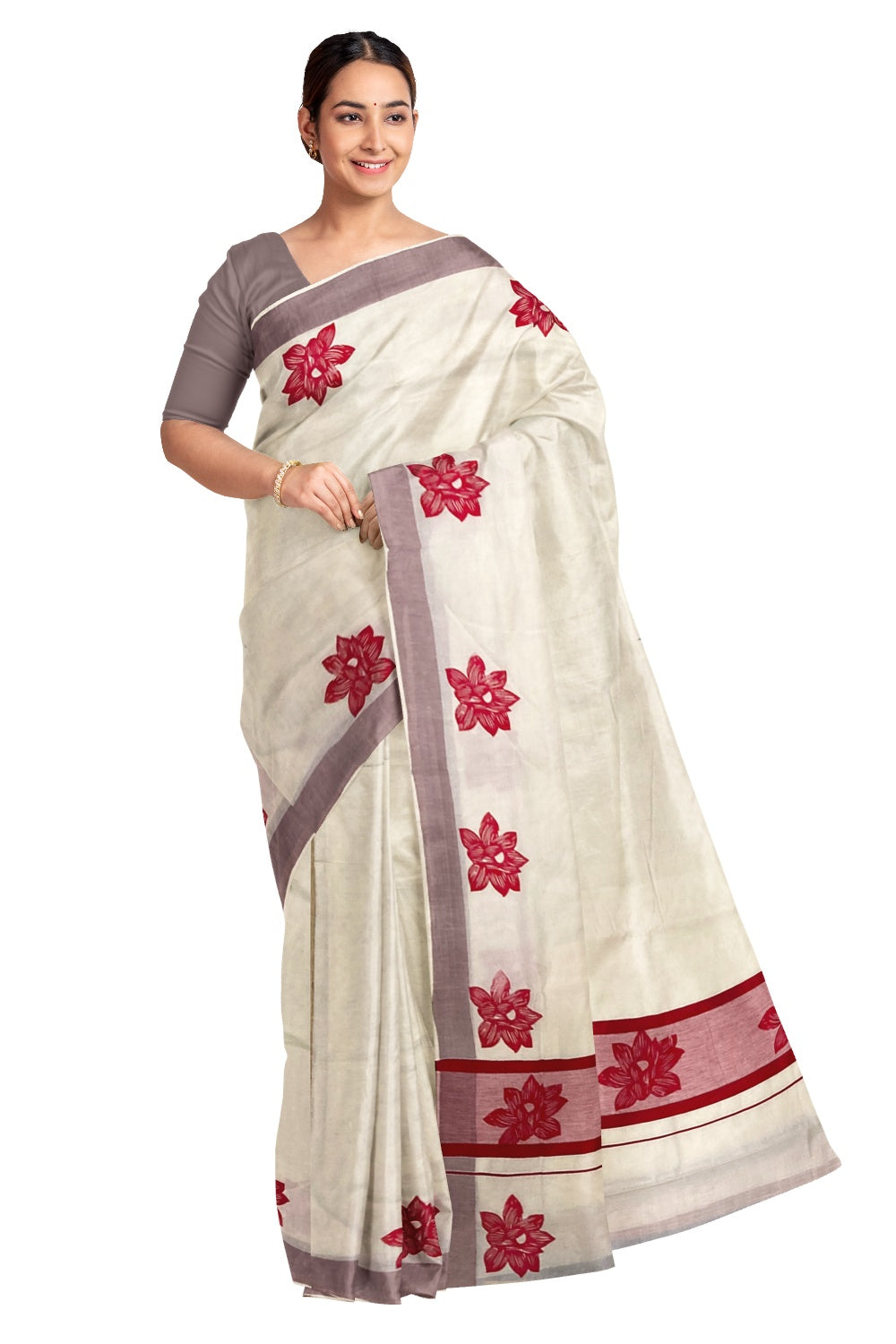 Pure Cotton Kerala Saree with Red Floral Block Printed Design ...