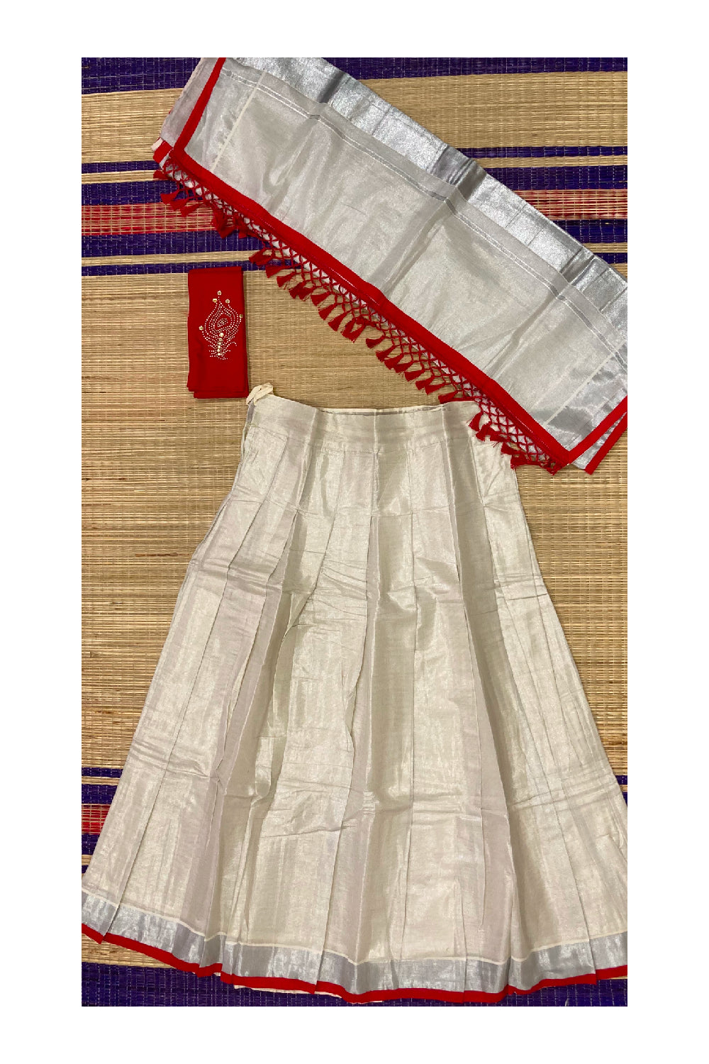 Kerala Silver Tissue Semi Stitched Dhavani Set with Red Blouse ...