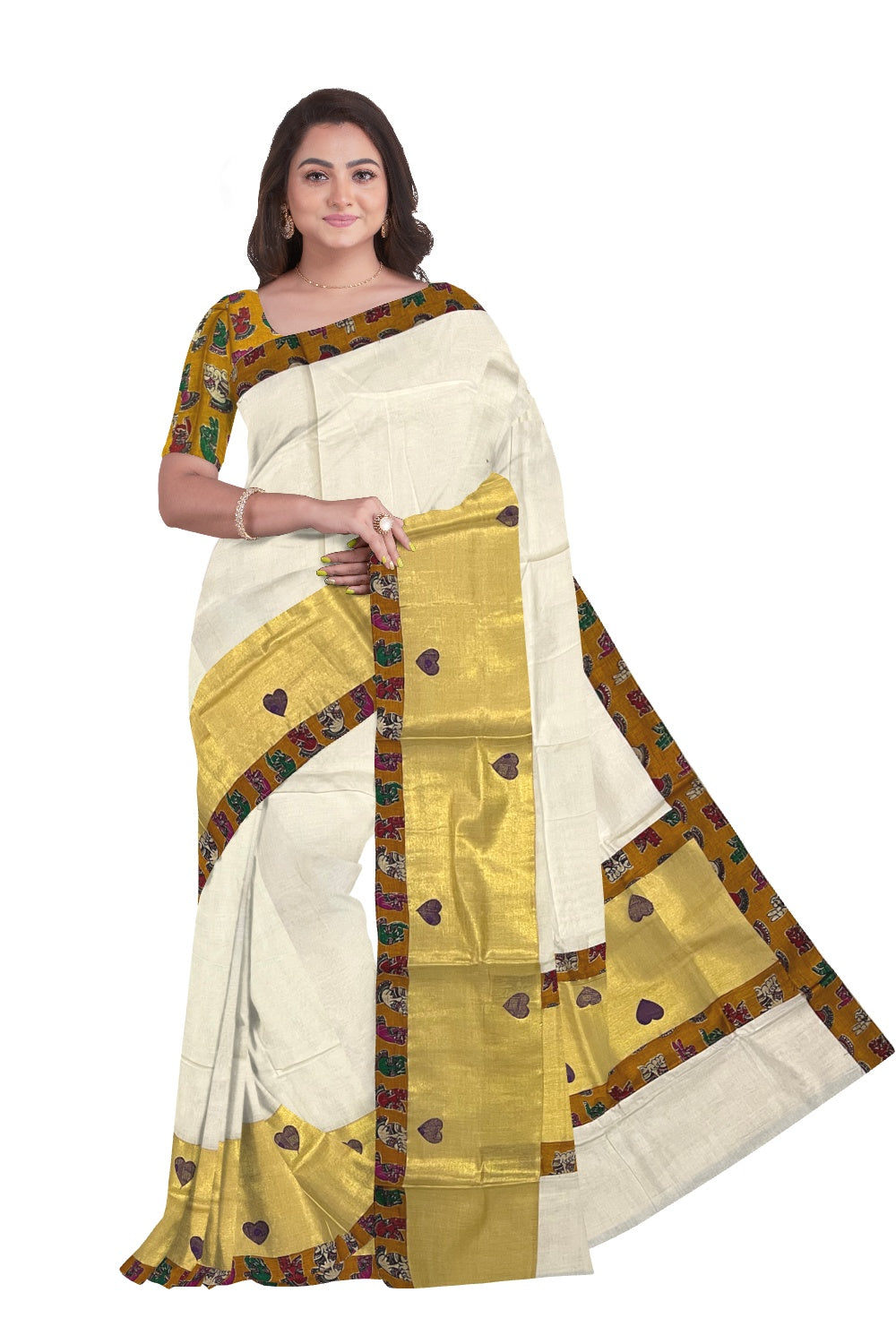 Kerala Pure Cotton Fusion Art Brown Hand Figures Printed Kasavu Saree with Printed Blouse Piece
