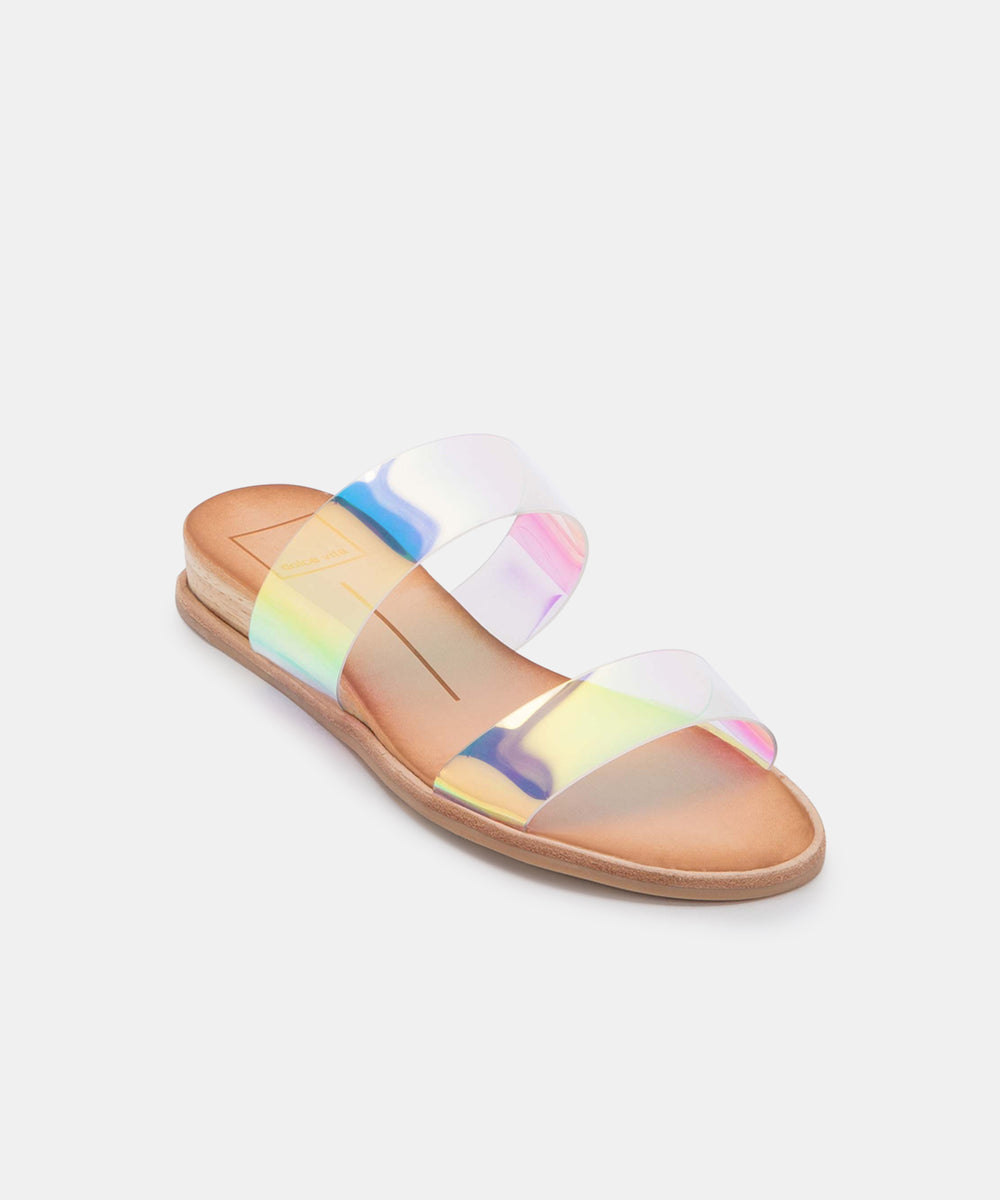 iridescent buckle sandals