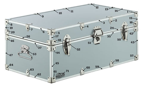 Front of of trunk with all pieced of hardware individually numbered