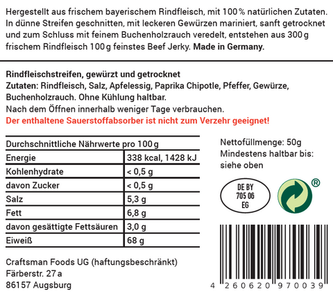Craftsman Foods Beef Jerky Pepper, Trockenfleisch Made in Germany