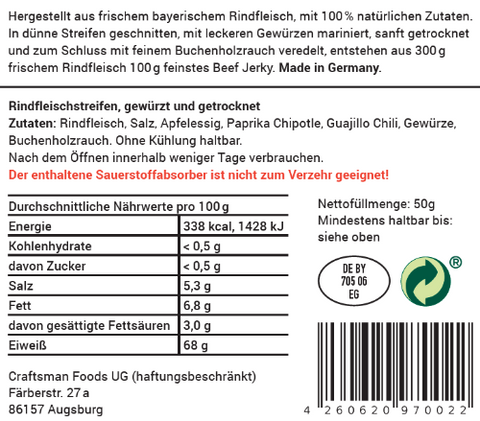 Craftsman Foods Beef Jerky Spicy, Trockenfleisch Made in Germany