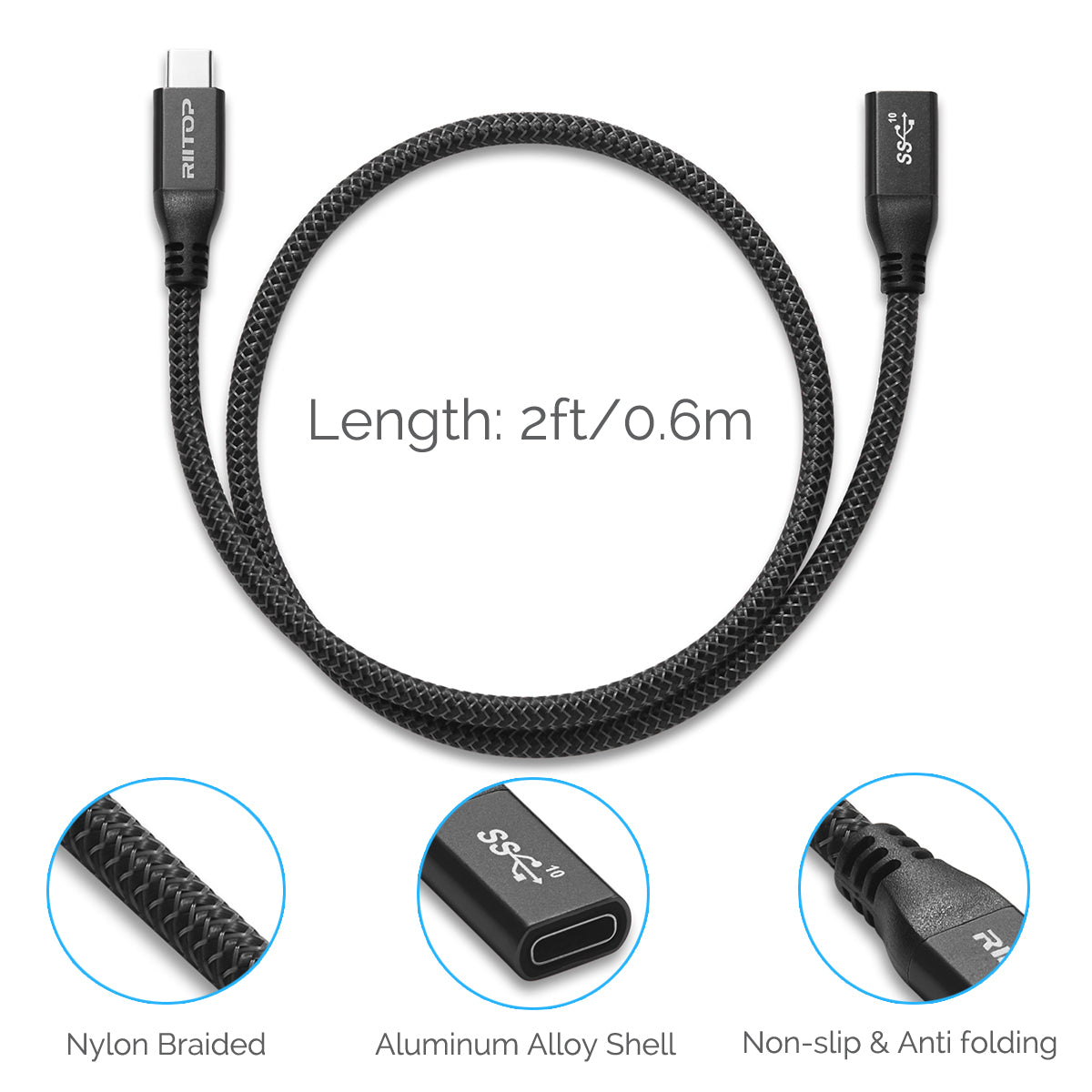 USB C Extension Cable Short (2FT), RIITOP USB Type-C Male Female Ex