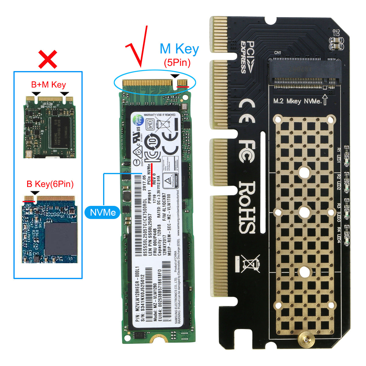 .2 NVe SSD to PCI-E 3.0 4x/8x/x16 Adapter Card Converter for  Key P .