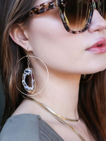 Jessica Matrasko Jewelry Custom Wasteland Earrings 2.5" Hammered Hoop with Geode Circle