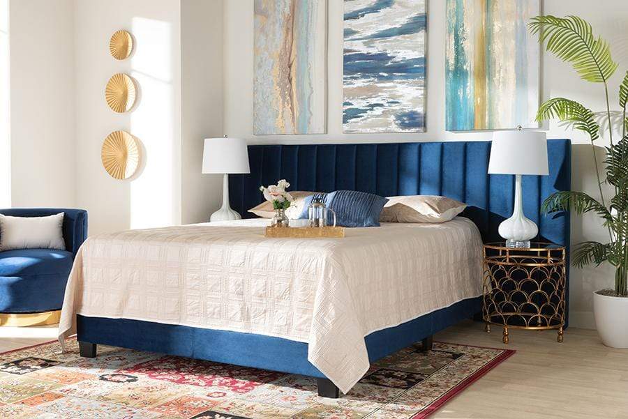 Fiorenza Glam and Luxe Blue Velvet Fabric Upholstered King Size Panel Bed with Extra Wide Channel Tufted Headboard at ASY Furniture Houston Stafford TX