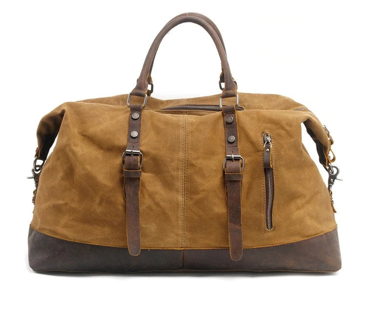 FRONT DISPLAY KHAKI of Woosir Waxed Canvas Leather Weekender Bag Waterproof Travel Bag