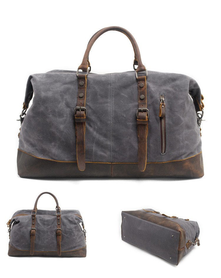 COLOR DISPLAY DARK GREY of Woosir Waxed Canvas Leather Weekender Bag Waterproof Travel Bag