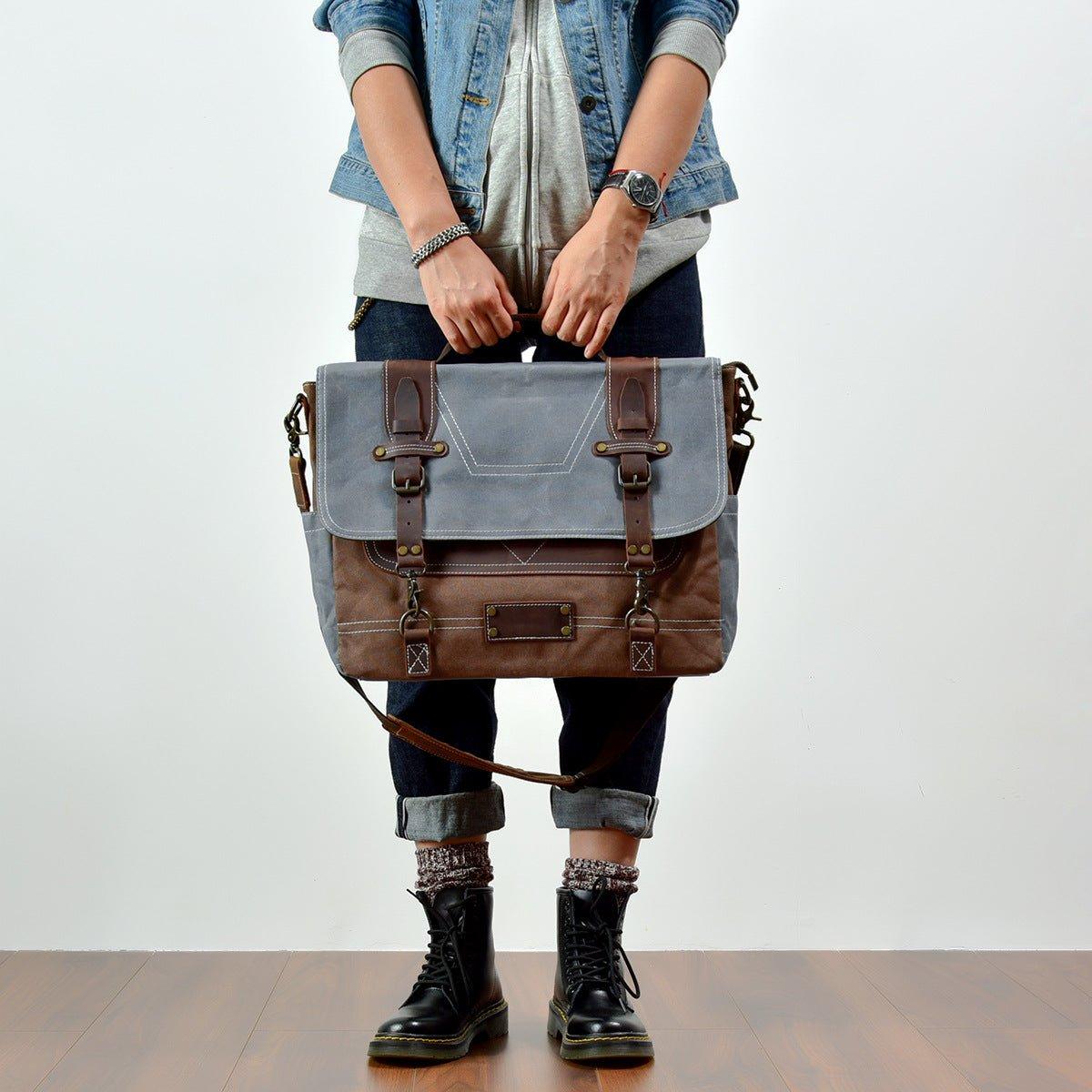 Woosir Waxed Canvas Computer Bags for Men - Canvas Briefcases - Grey---Woosir