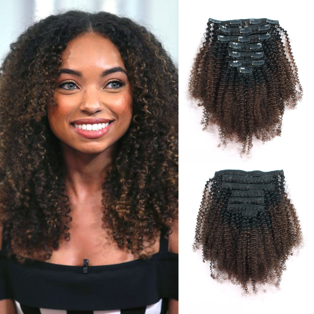 Afro Kinky Curly Clip In Hair Ombre Natural Black Fading Into Light Chocolate Brown