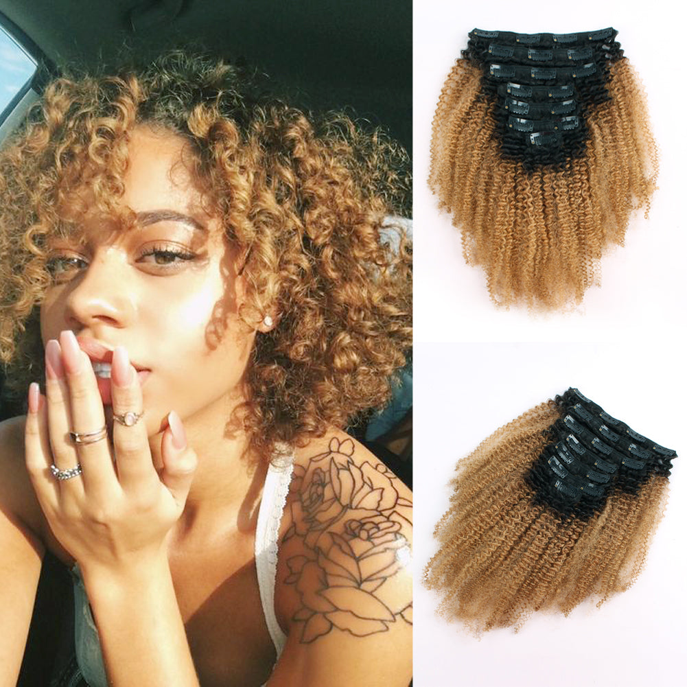 Afro Kinky Curly Clip In Hair Ombre Natural Black Fading Into