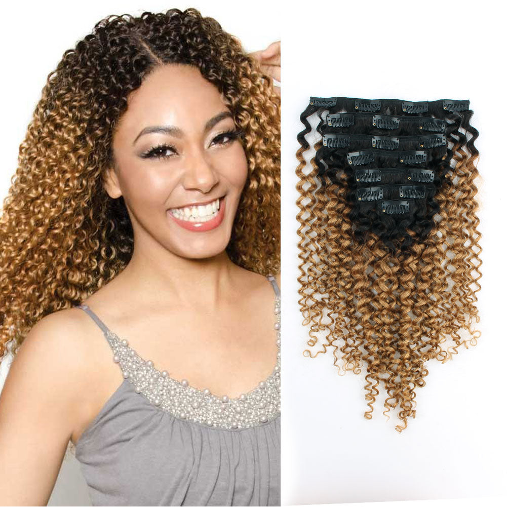 Jerry Curly Clip In Hair Extensions Natural Black Fading Into