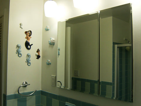 A retro renovation, save the blue bathroom. Barbie K mermaids hang on the wall.