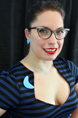 Large Boomerang Brooch in blue icicle and blue icicle Starburst Earrings
