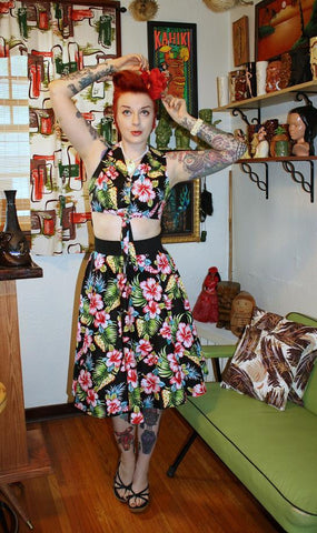 Mai Tropical from Hell Bunny. Tiki tropical fashion modeled by Meagan Kyla