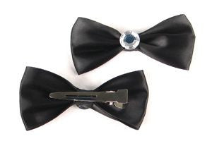 Black Diamond Bow Set by Graveside Looks has a nice metal clip that makes  for easy placement on the hair. The beautiful rhinestone detail with make those Victory Rolls shine.