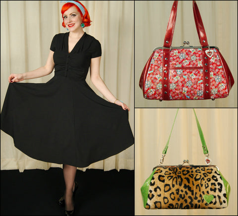 1940s Rosina Dress styled with patterned handbags