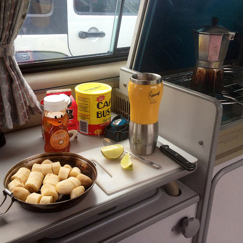 Van Breakfast. Bananas with honey and lime juice and stovetop espresso.