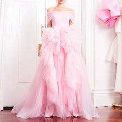 Couture Prom Gown Formal Pink Ruffled Tulle Boat Slash Neck Fashion Evening Party Dress - Retrolistic