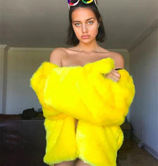 I AM Gia Faux Fur Steetwear Hip Hop Yellow Coat