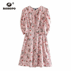 Vintage Style Red Rose White Daisy Floral Pink Mini Dress Draped Puff Sleeve V Collar - Retrolistic
