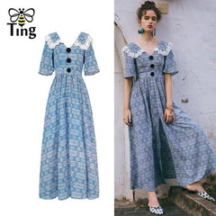 Vintage Style France Chic Boho Long Dress Lace Patchwork V Neck Bohemian