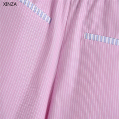 Women Patchwork Striped Summer Shorts Za 2021 Vintage Elastic Waist Pink Short Pants Fashion Casual High Waisted Shorts