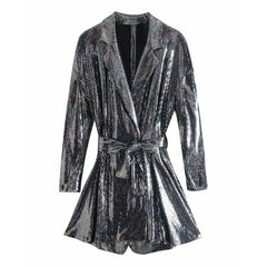 Sexy Sequins Jumpsuit Deep V-Neck Long Sleeve Shorts Romper Playsuit Bodycon