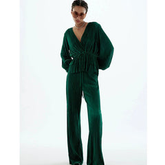 Women Party Outfit Pleated Slim V Neck Shirts Female Long Pant Trousers Suits