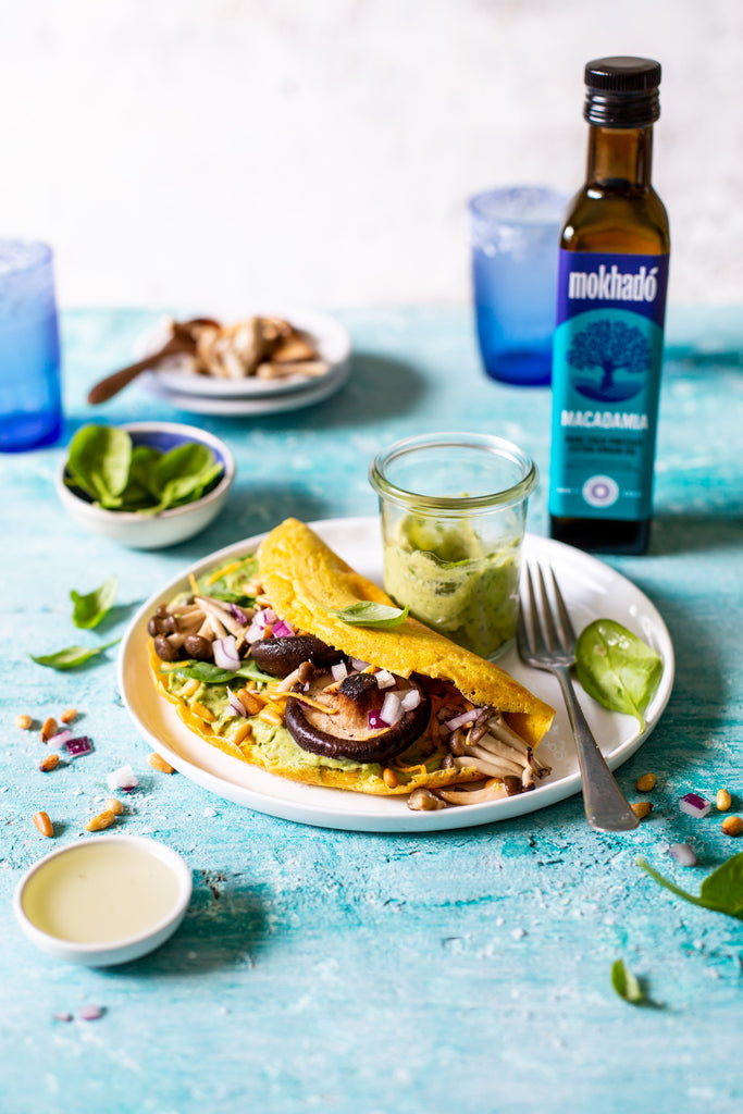 Vegan Omelette with Guacamole and Wild Mushrooms