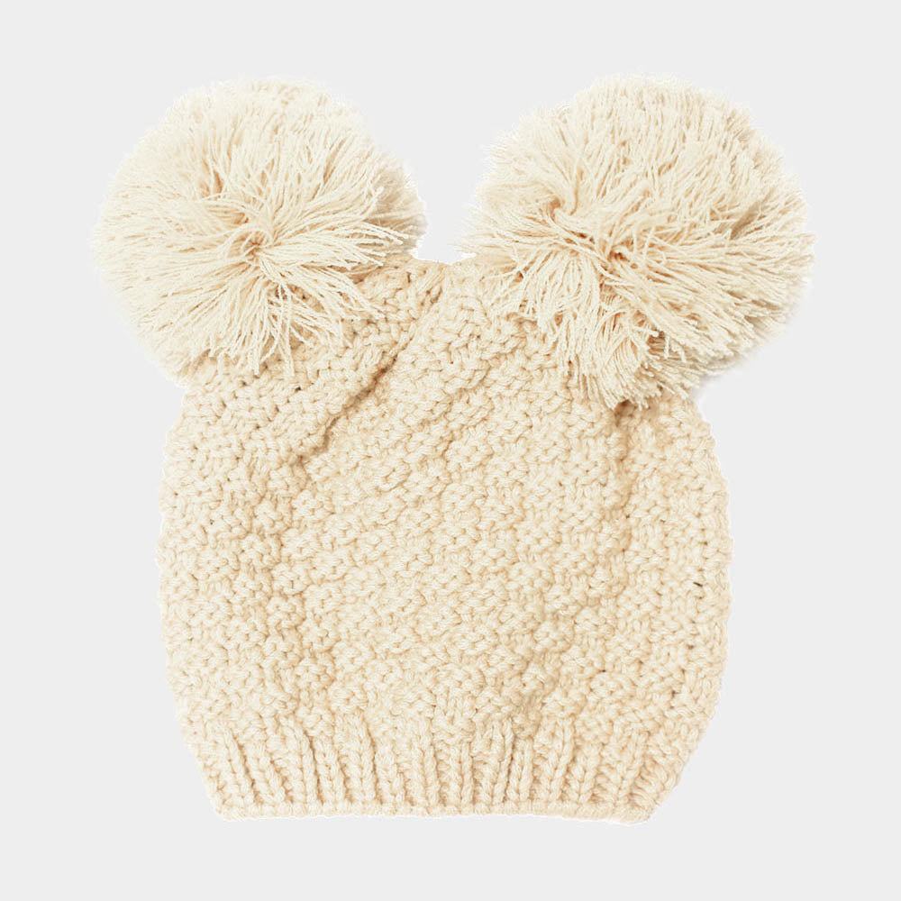 Beige Double Pom Pom Beanie Hat