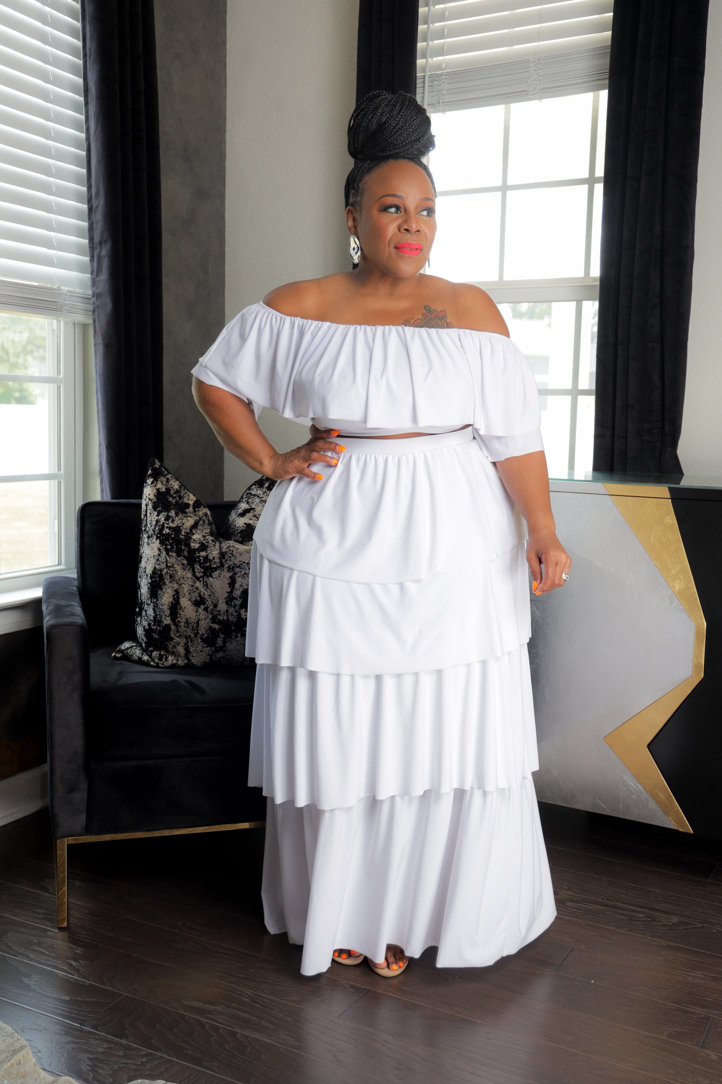 White Top Tier Skirt Set