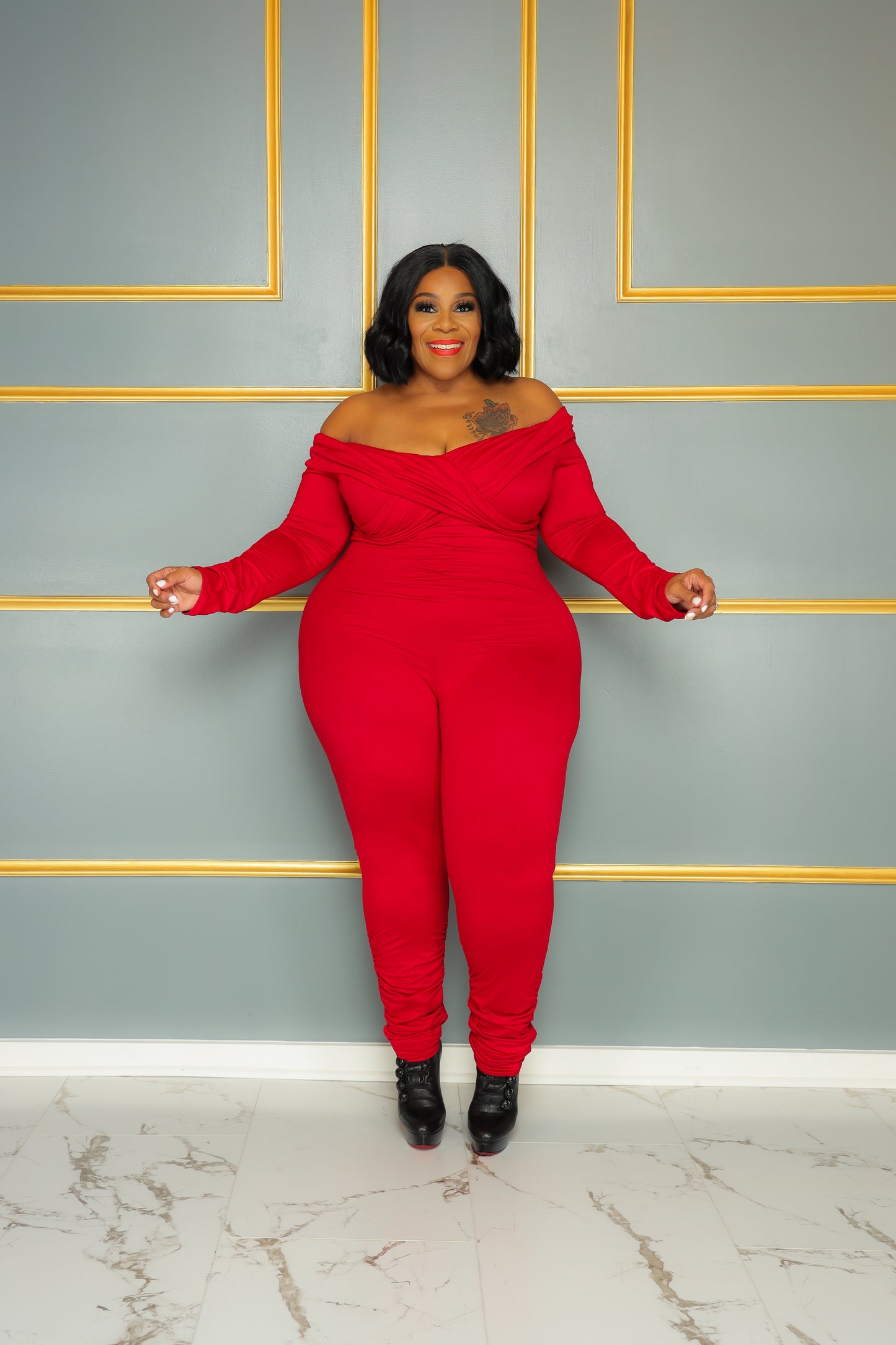 Red Off The Shoulder Catsuit