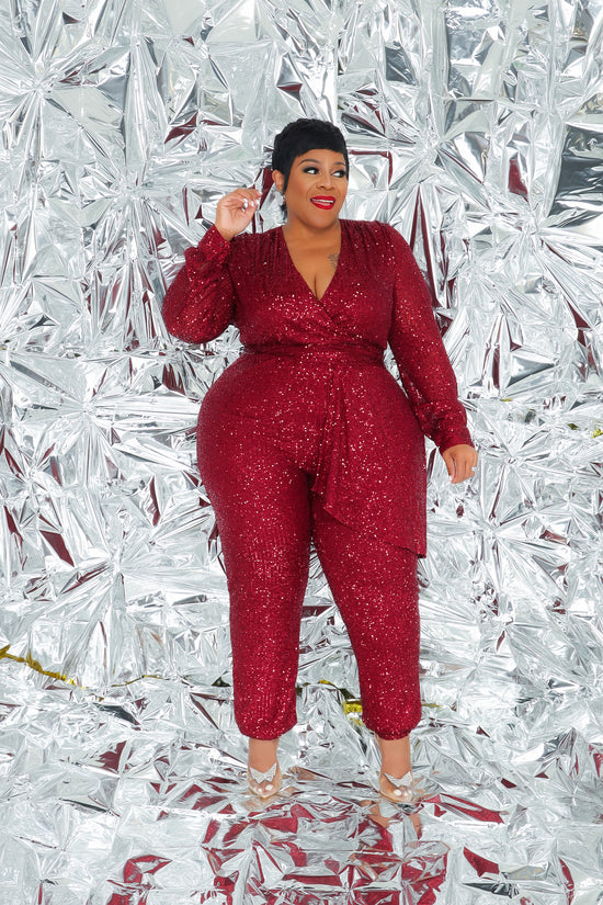 Burgundy Sequin Cascading Ruffle Jumpsuit