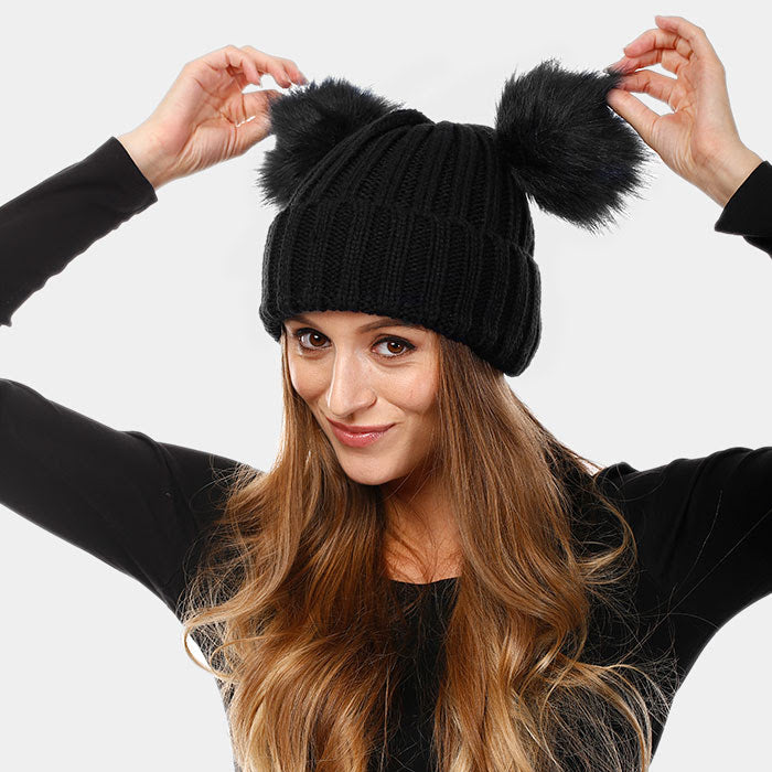 Black Fold Pom Pom Hat