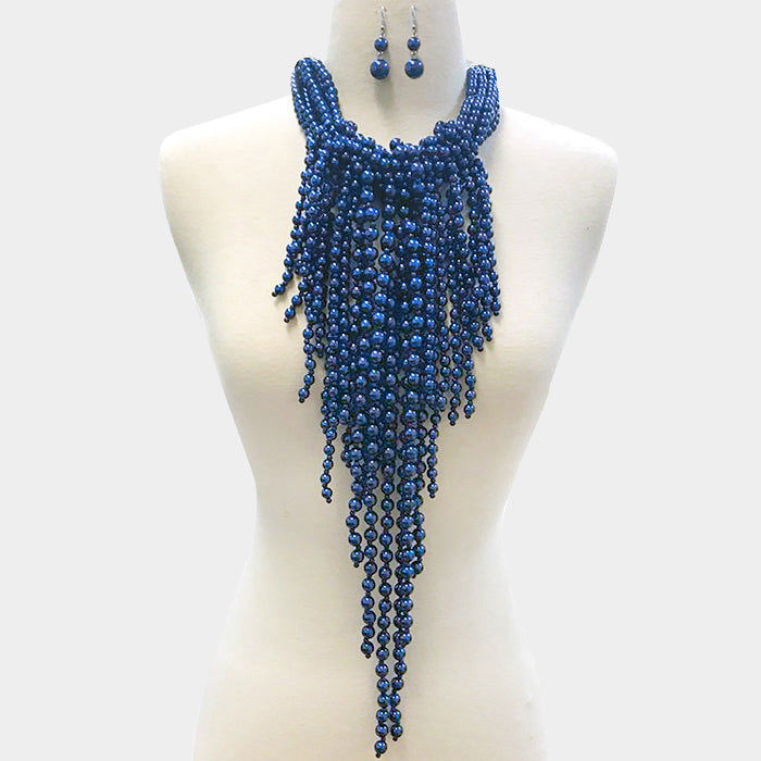 Blue  Pearl Layered Fringe Necklace Set