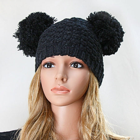 Black Double Pom Pom Beanie Hat