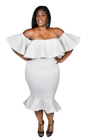 Off White Bre Ruffle Shoulder Dress