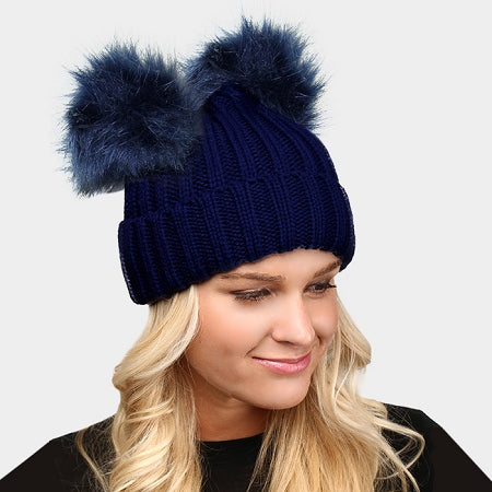 Navy Blue Fold Pom Pom Hat