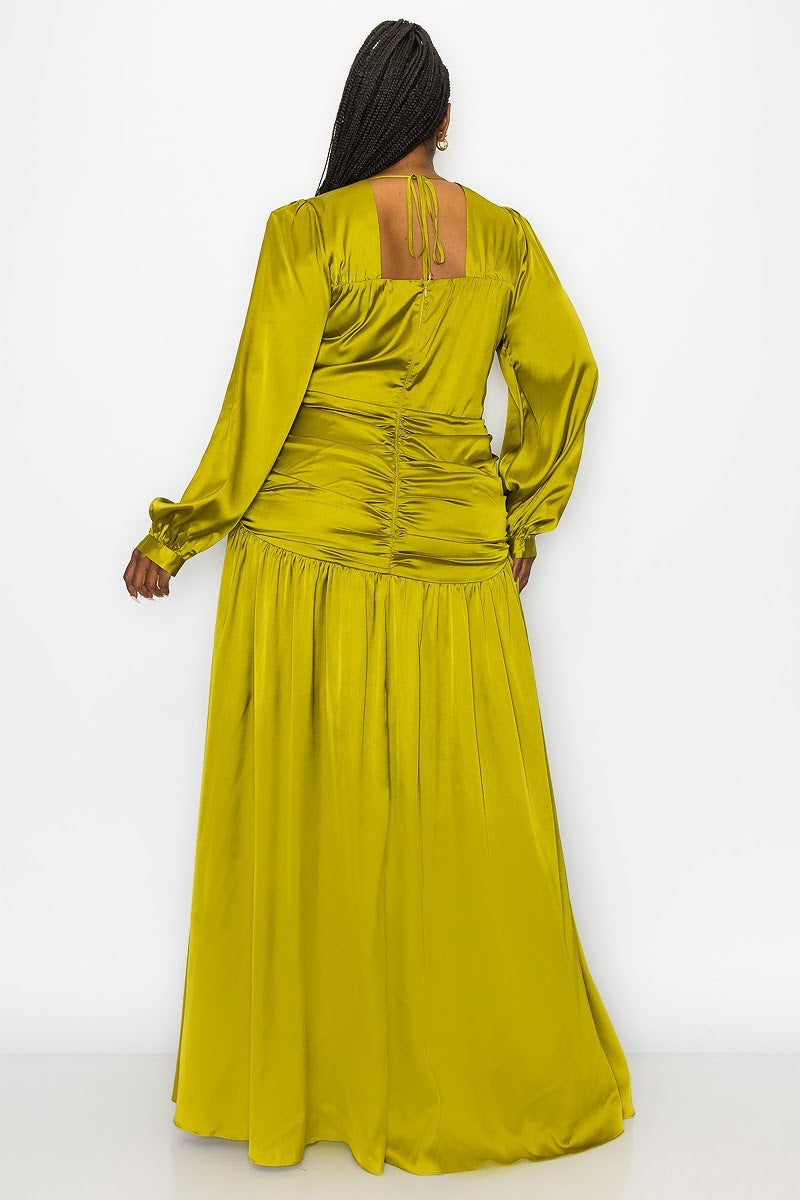 Apple Green Draped In Satin Dress