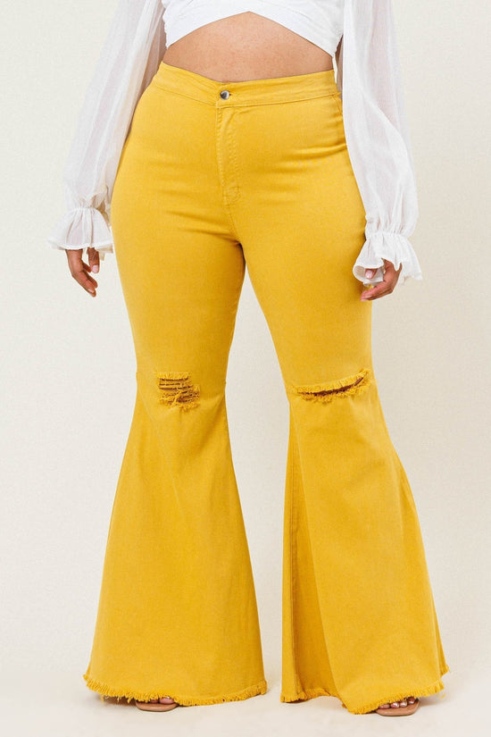 Mustard Distressed Bell Bottom Jeans