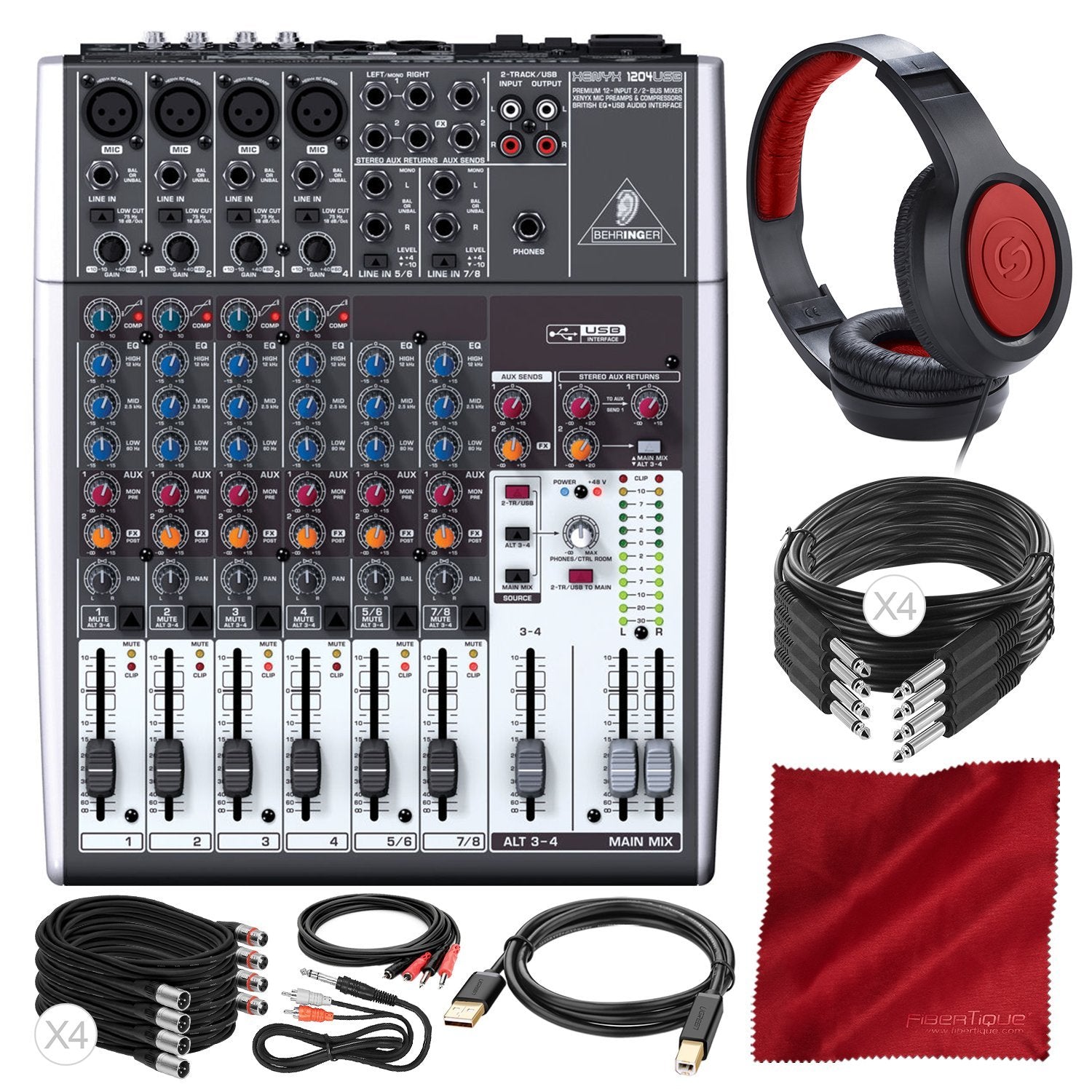 Behringer XENYX 1204USB USB Audio Mixer with Assorted Cables